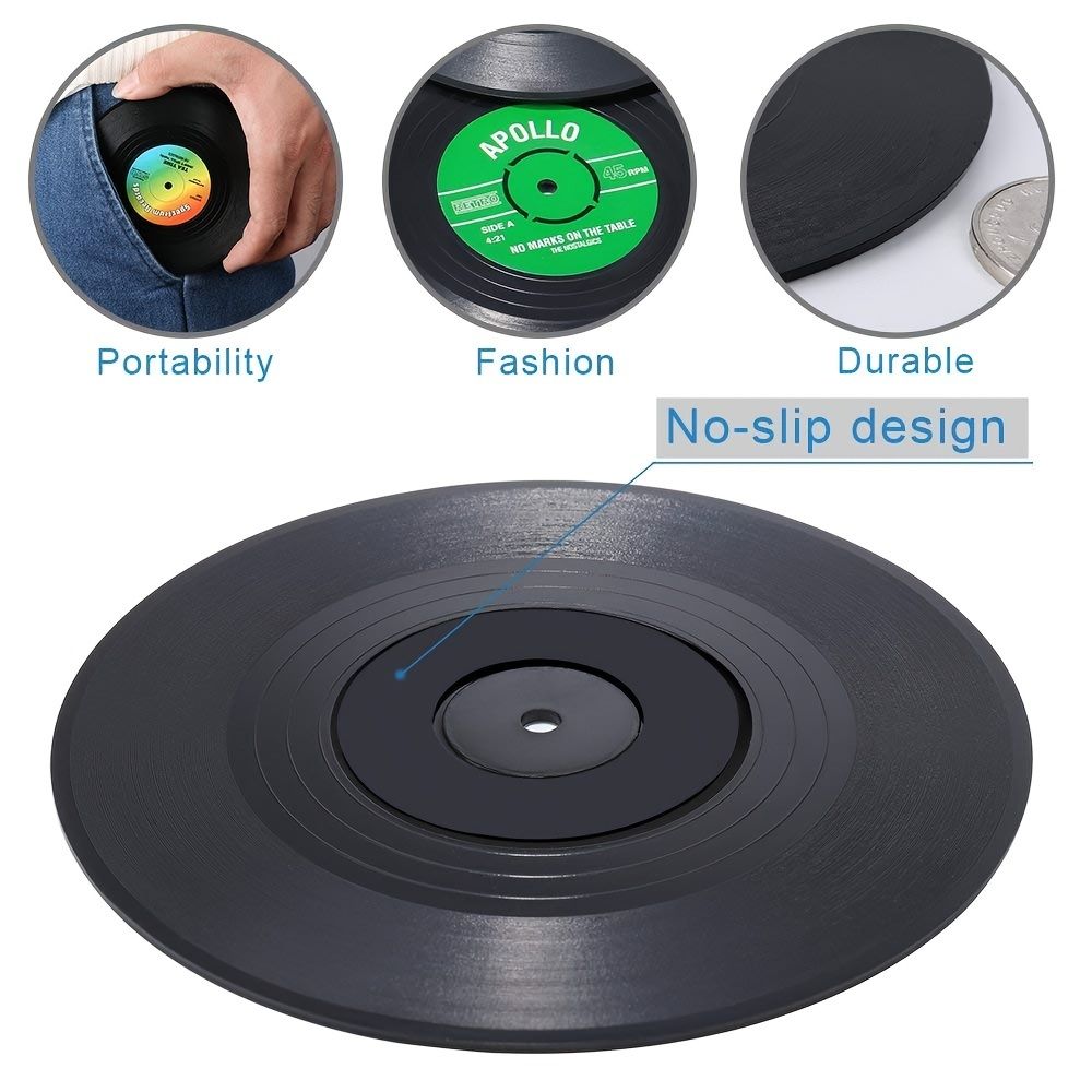 Set Of 6 Colorful Retro Vinyl Record Disk Coasters With Funny Labels-Prevent Furniture From Dirty And Scratched