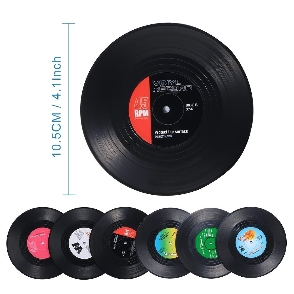 Set Of 6 Colorful Retro Vinyl Record Disk Coasters With Funny Labels-Prevent Furniture From Dirty And Scratched