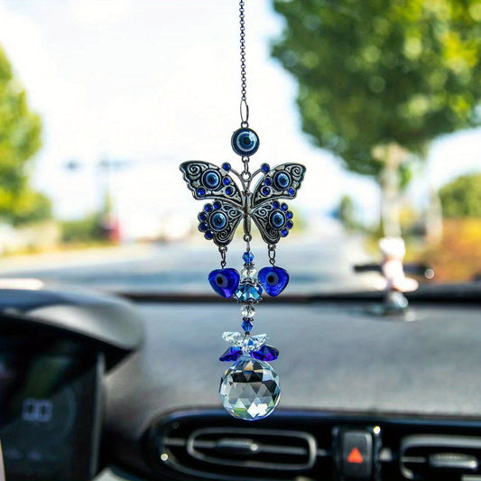 1pc Blue Butterfly Evil Eye Crystal Sun Catcher - Indoor Window Suncatcher with Prism Ball - Rainbow Maker for Good Luck and Hanging Ornament for Home, Garden, Office, Car - Wedding Pendant