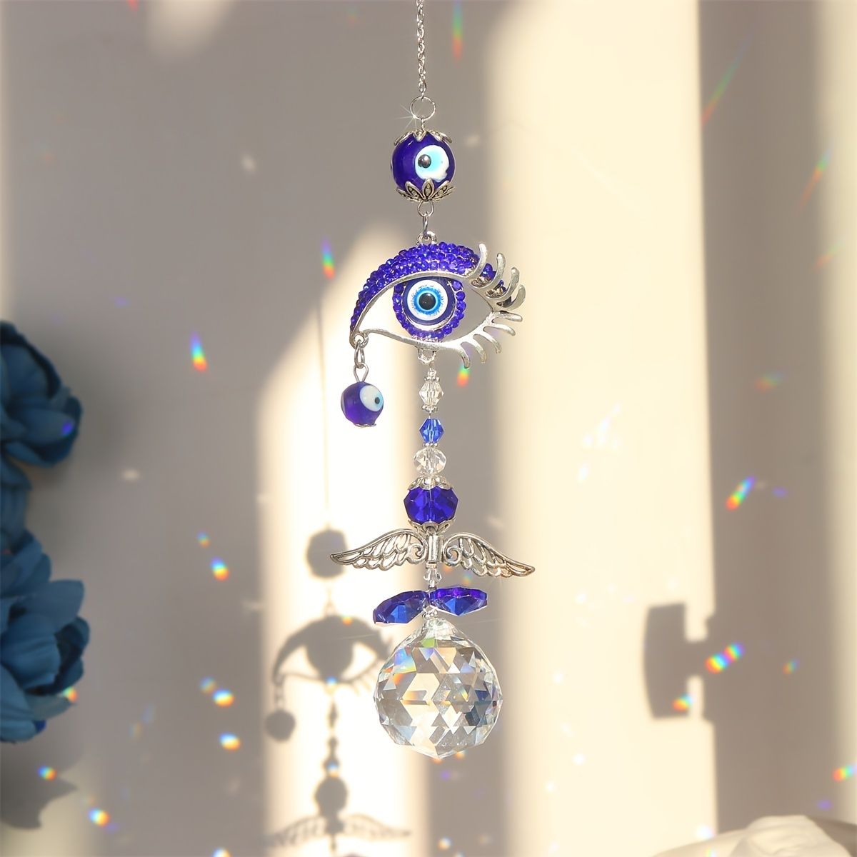 1pc Blue Butterfly Evil Eye Crystal Sun Catcher - Indoor Window Suncatcher with Prism Ball - Rainbow Maker for Good Luck and Hanging Ornament for Home, Garden, Office, Car - Wedding Pendant