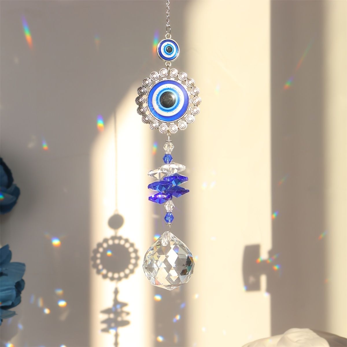 1pc Blue Butterfly Evil Eye Crystal Sun Catcher - Indoor Window Suncatcher with Prism Ball - Rainbow Maker for Good Luck and Hanging Ornament for Home, Garden, Office, Car - Wedding Pendant