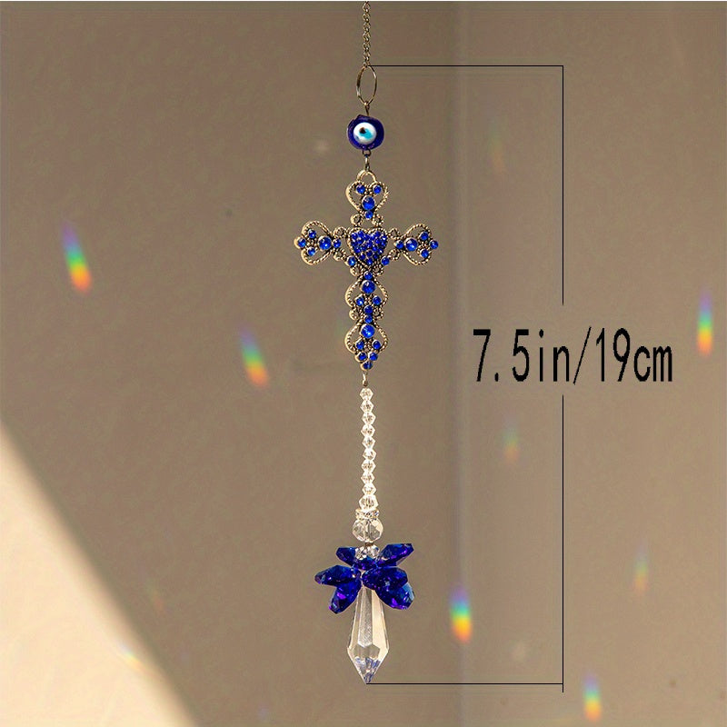 1pc Blue Butterfly Evil Eye Crystal Sun Catcher - Indoor Window Suncatcher with Prism Ball - Rainbow Maker for Good Luck and Hanging Ornament for Home, Garden, Office, Car - Wedding Pendant