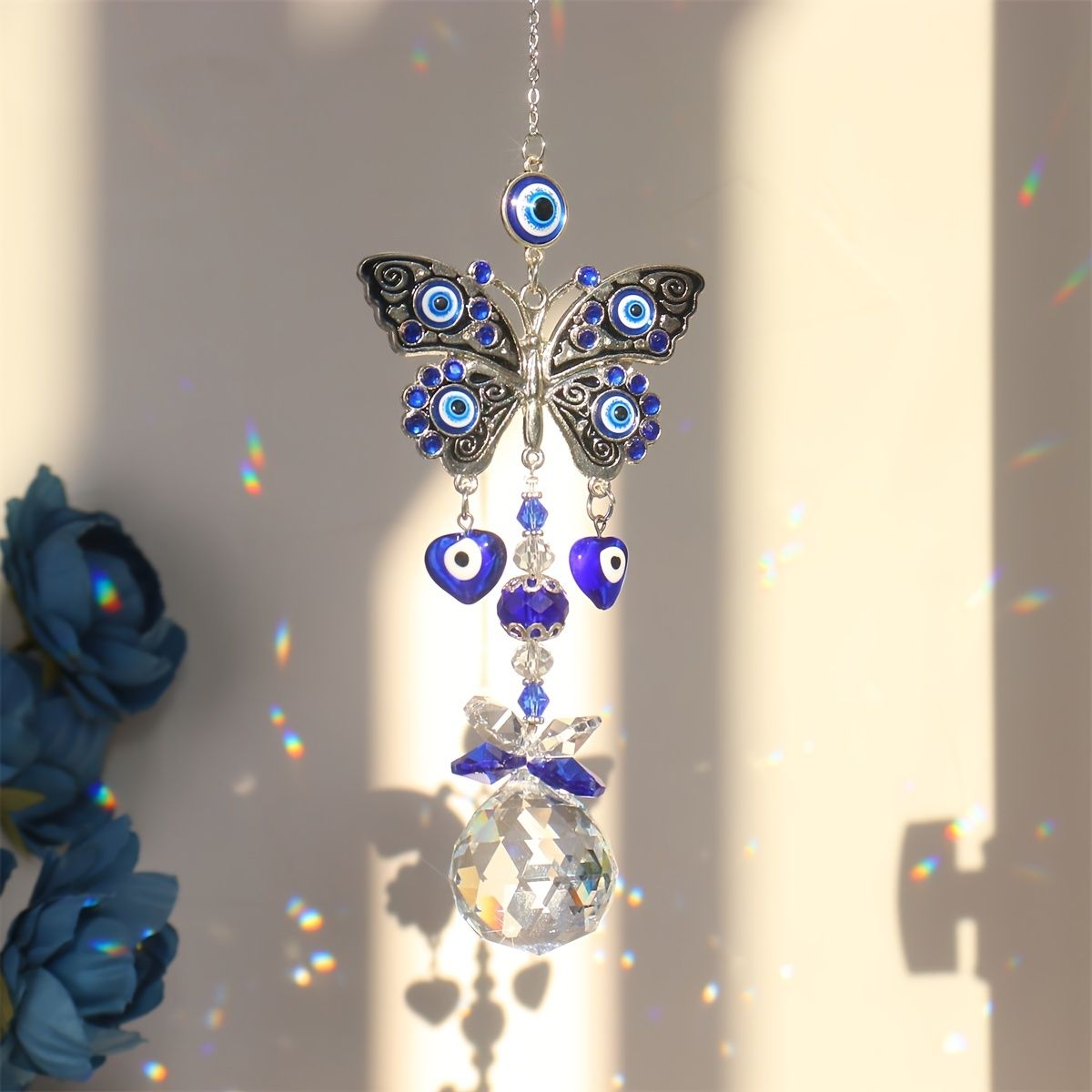 1pc Blue Butterfly Evil Eye Crystal Sun Catcher - Indoor Window Suncatcher with Prism Ball - Rainbow Maker for Good Luck and Hanging Ornament for Home, Garden, Office, Car - Wedding Pendant