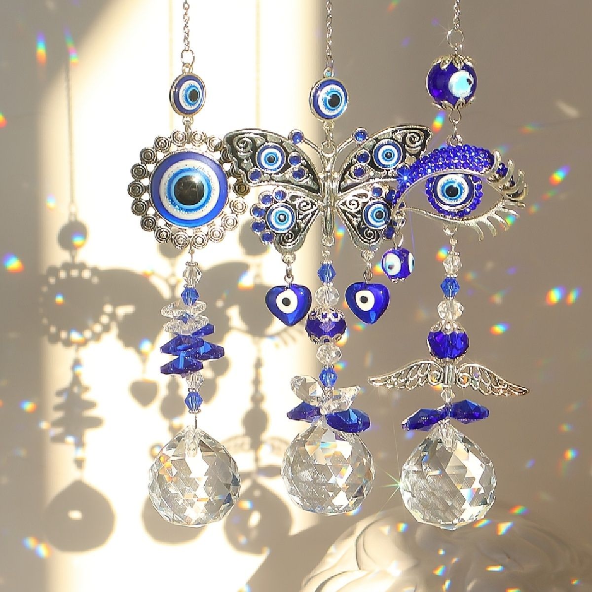 1pc Blue Butterfly Evil Eye Crystal Sun Catcher - Indoor Window Suncatcher with Prism Ball - Rainbow Maker for Good Luck and Hanging Ornament for Home, Garden, Office, Car - Wedding Pendant